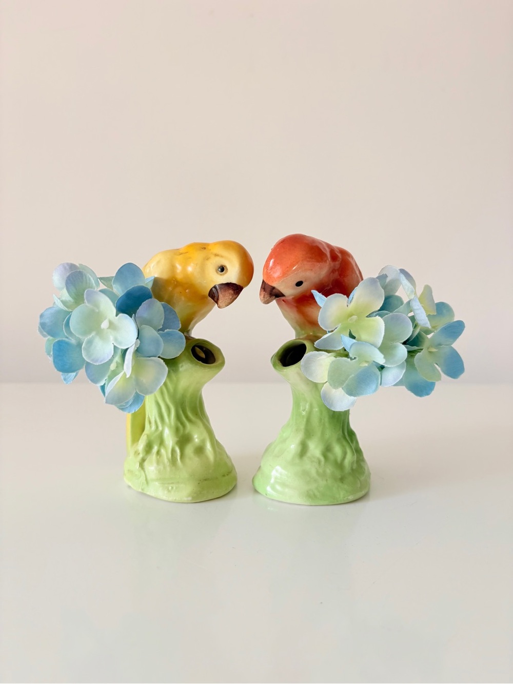 Pair of Parrot Bud Vases Hand-Painted Made in Czechoslovakia Vintage Birds